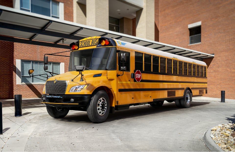 School bus in front of building