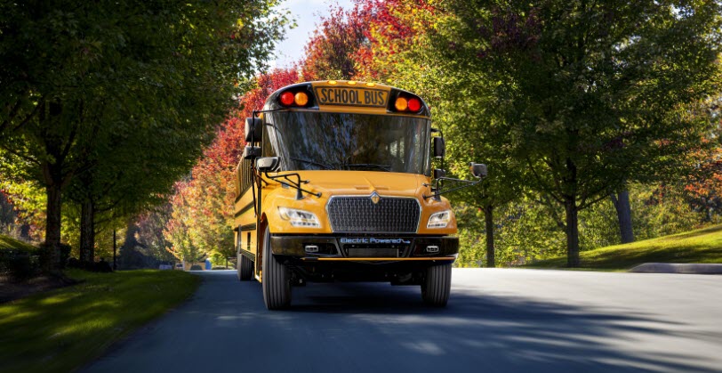 School bus driving down road with trees