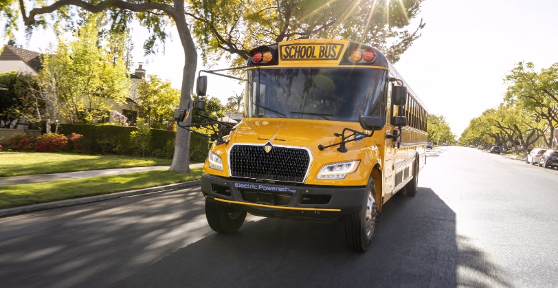 School bus moving down the street