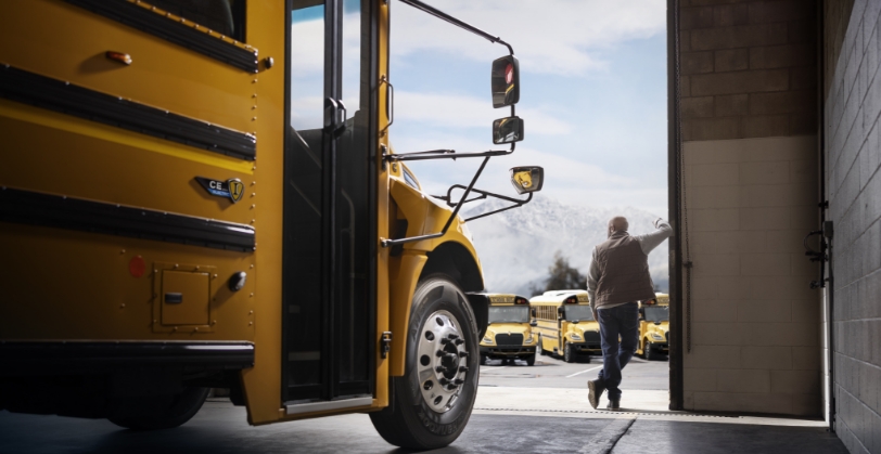 School bus parked in garage